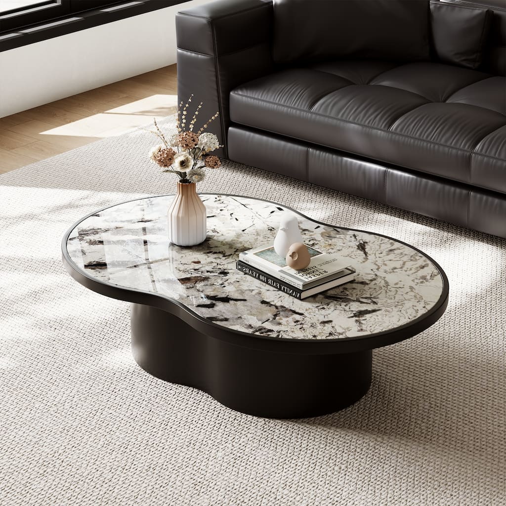 43.31" Round Coffee Table, Glossy Faux Marble Table top, Black Wood Base