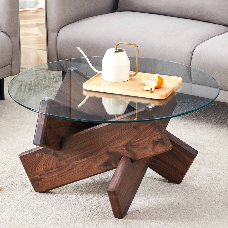 Roomfitters Round Glass Coffee Table with Walnut MDF Legs, 33.4" Tempered Top Accent Table for Living or Dining Room, Walnut