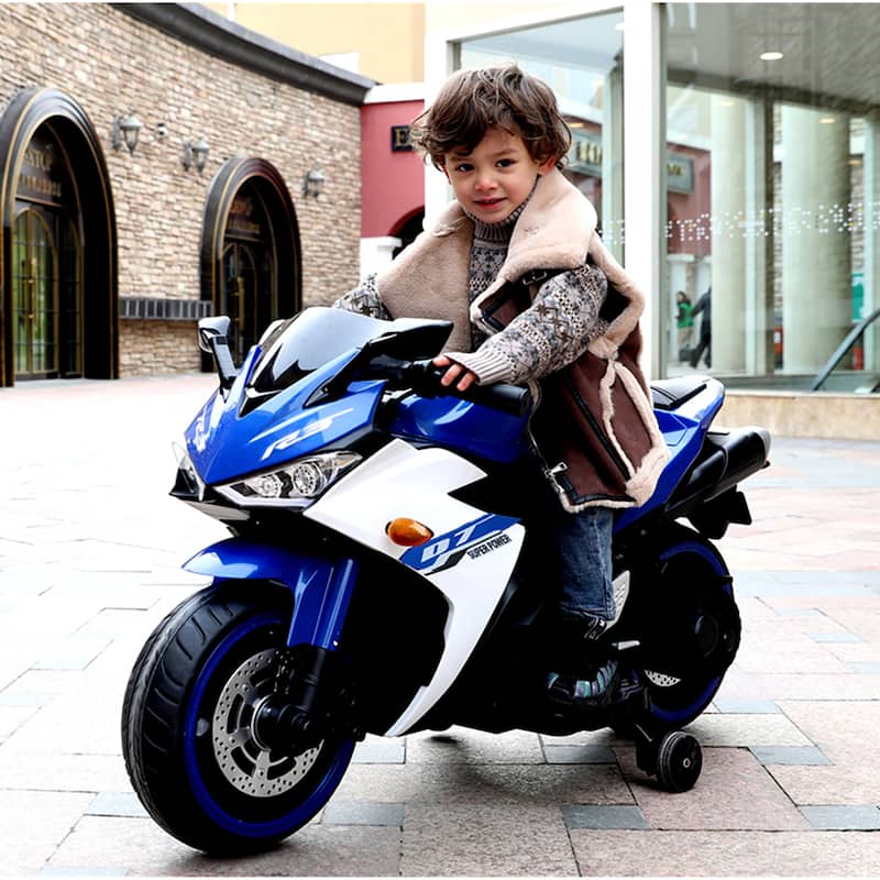 Electric Car for Kids with Training Wheels, Blue Electric Motorcycle Toy with Charge Display, Battery Powered Electric Car