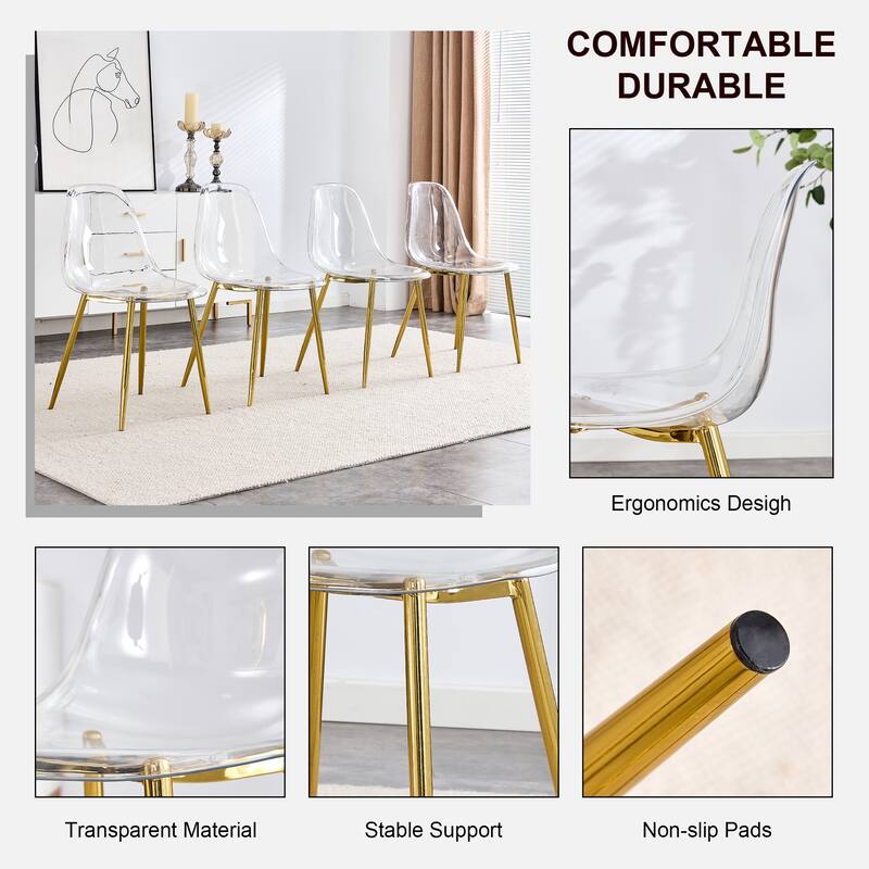 Roomfitters Transparent Armless Plastic Dining Chairs with Gold Metal Legs, Nordic Style Set of 4 for Home or Office, Golden