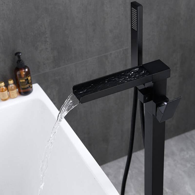 Freestanding Black Bathtub Faucet Tub Filler, Floor Mount Single Handle Bathroom Faucets with Hand Shower