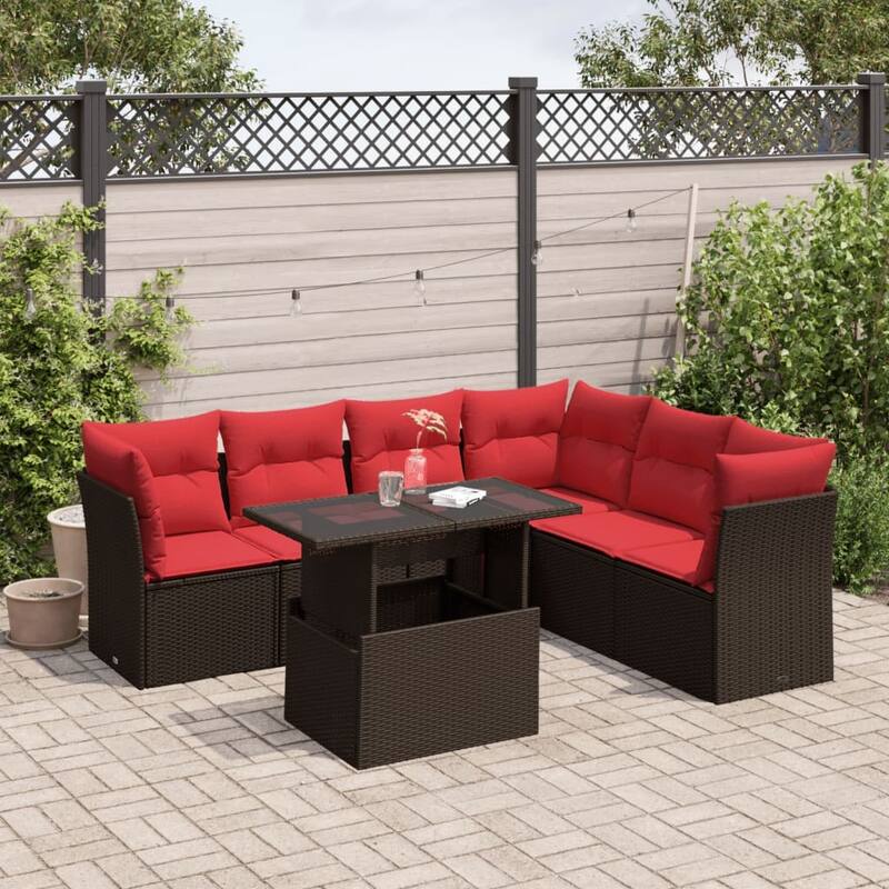 vidaXL 7 Piece Patio Sofa Set with Cushions Brown/Gray Poly Rattan - 24.4 x 24.4 x 27.2 - Brown without storage