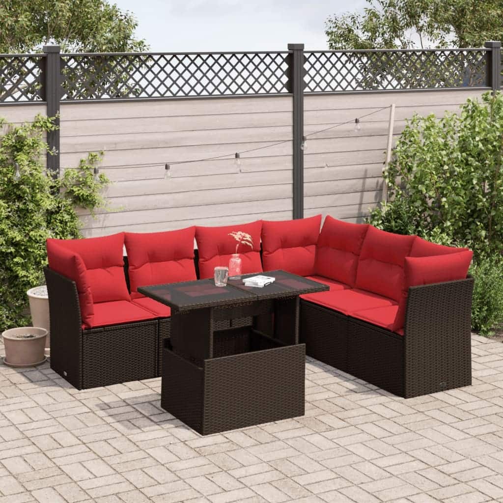 vidaXL 7 Piece Patio Sofa Set with Cushions Brown/Gray Poly Rattan - 24.4 x 24.4 x 27.2