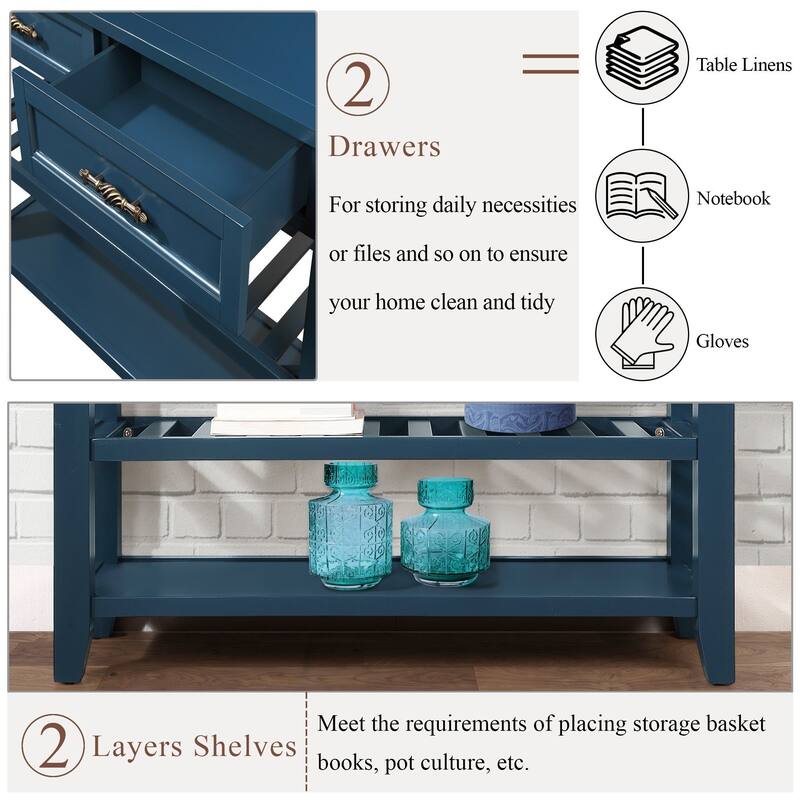 Console Sofa Table with 2 Storage Drawers and 2 Tiers Shelves - Navy Blue
