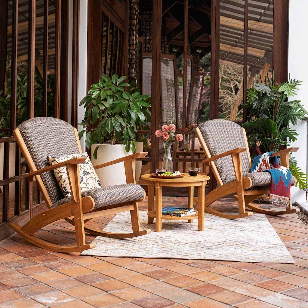 Cambridge Casual Camden 3-Piece Teak Wood Outdoor Rocking Chair Set with Padded Woven Seat