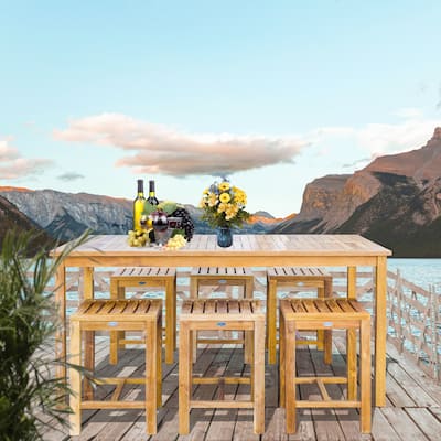 Chic Teak 7 Piece Teak Wood Antigua Patio Counter Height Bistro Set with 71" Rectangular Table and 6 Stools