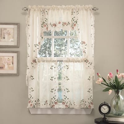 Sweet Home Collection Rosemary Linen Embroidered Kitchen Curtains - Swag, Tier & Valance