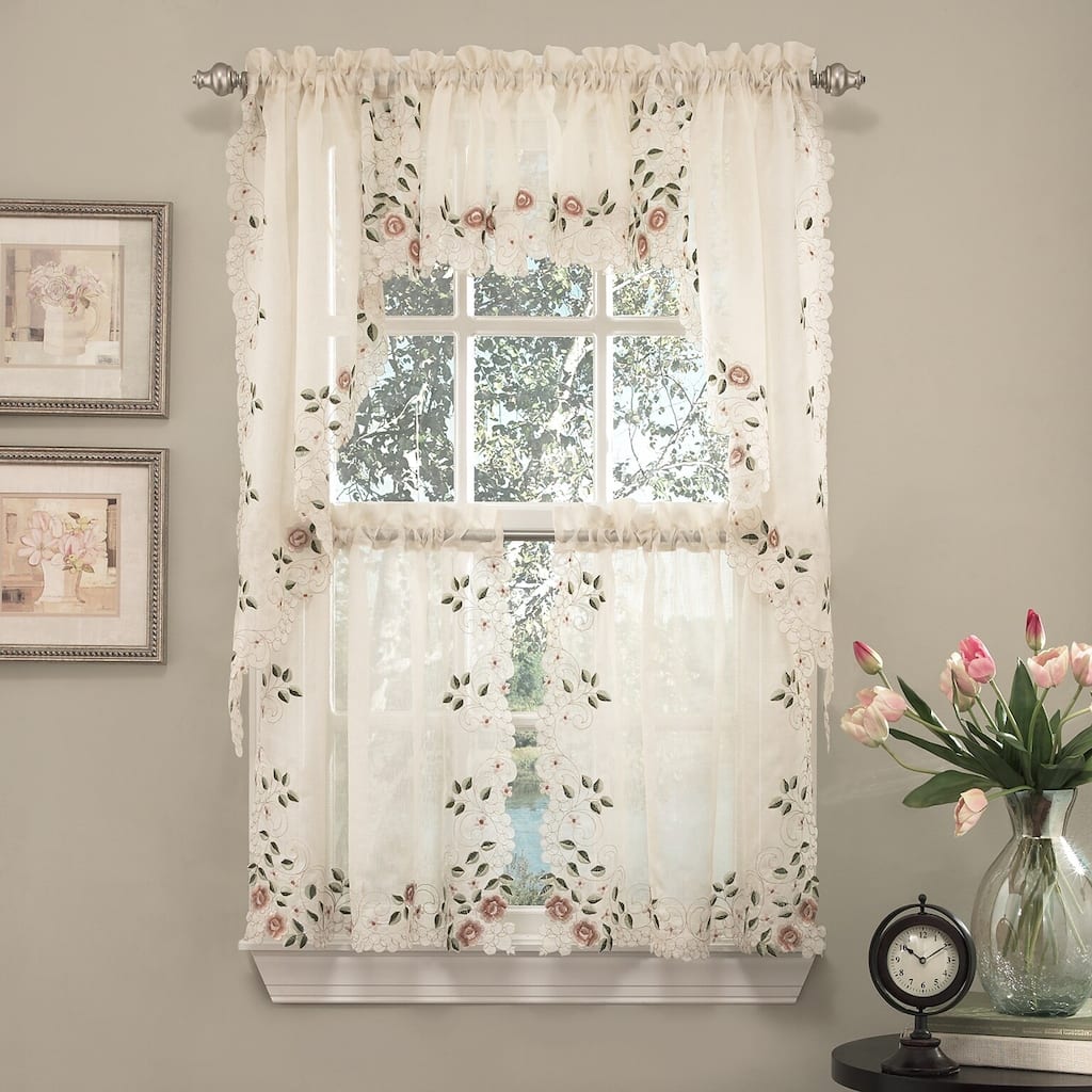 Sweet Home Collection Rosemary Linen Embroidered Kitchen Curtains - Swag, Tier & Valance