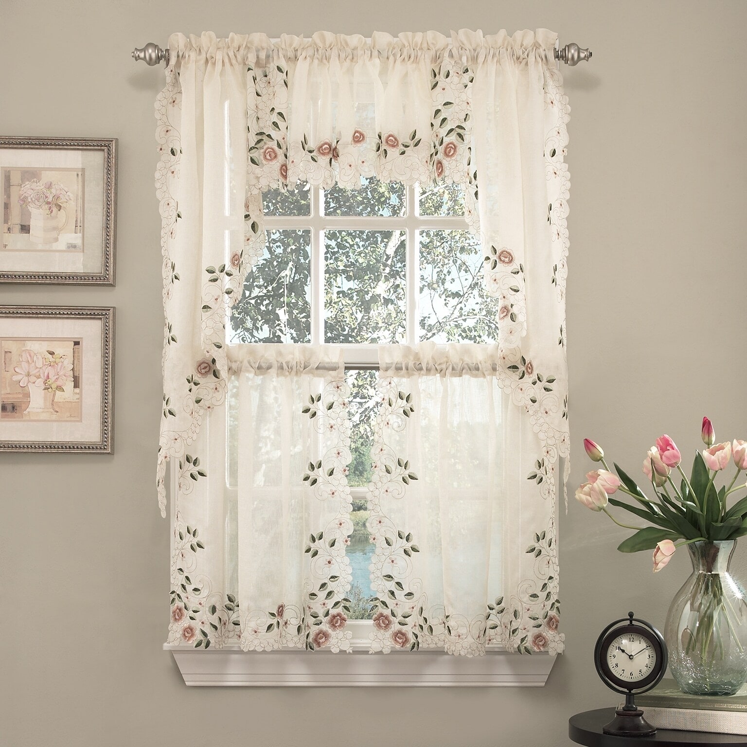 Sweet Home Collection Rosemary Linen Embroidered Kitchen Curtains - Swag, Tier & Valance