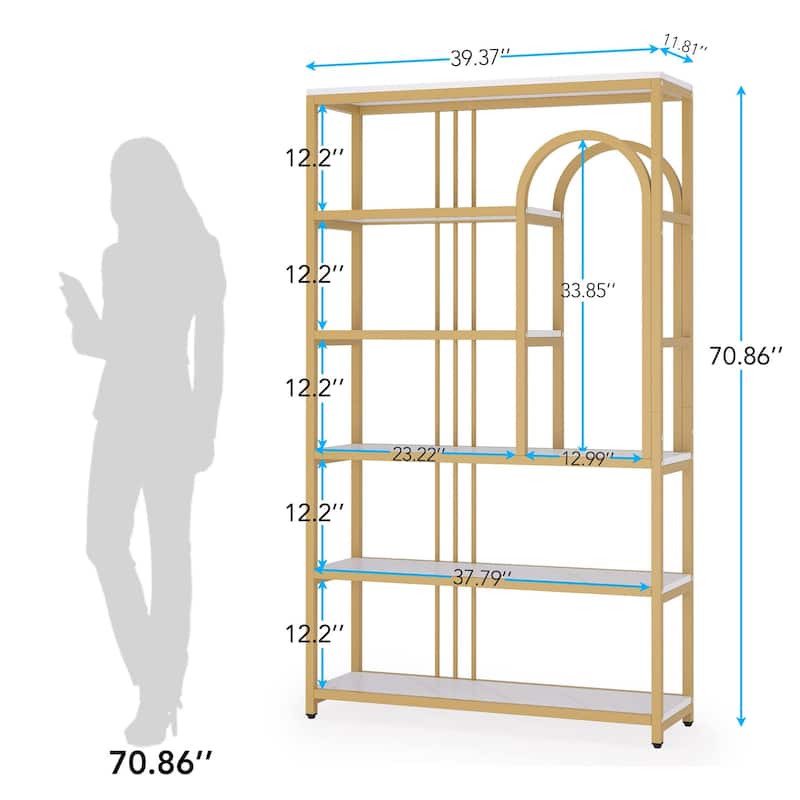 6 Shelf Etagere Bookcase Bookshelf 71 inch Tall Modern Bookshelves, Gold and White