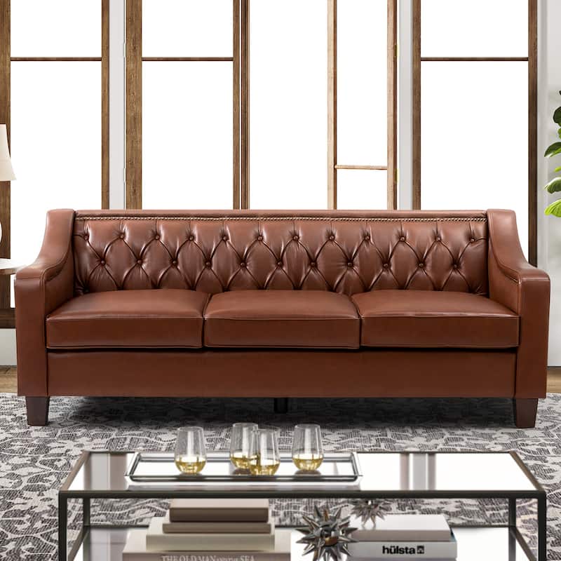 Mateo 82.28" Wide Transitional Genuine Leather Sofa with Nailhead Trim and Button-Tufted Back