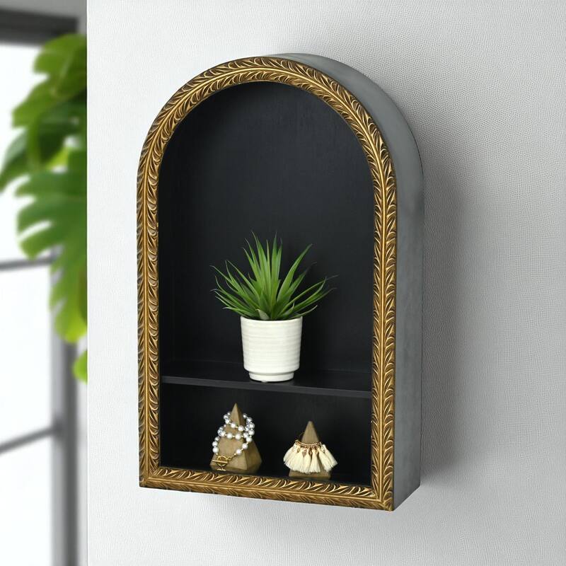 Mireza Ornate Framed Black & Gold 2 Tier Wooden Wall Shelf - N/A - Black