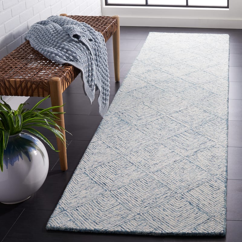 SAFAVIEH Handmade Abstract Altynai Modern Wool Rug - 2'3" x 9' Runner - Blue/Ivory