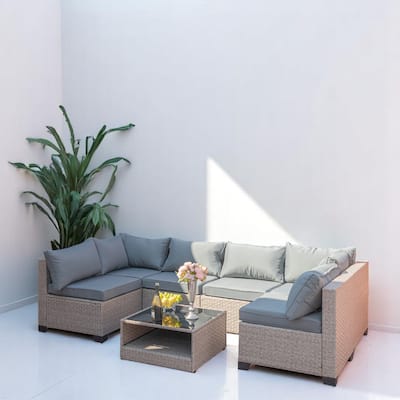 7-Piece Outdoor Patio Sectional Sofa Set with Cushions,Wicker Rattan Conversation Set with Coffee Table for Deck,Garden,Backyard