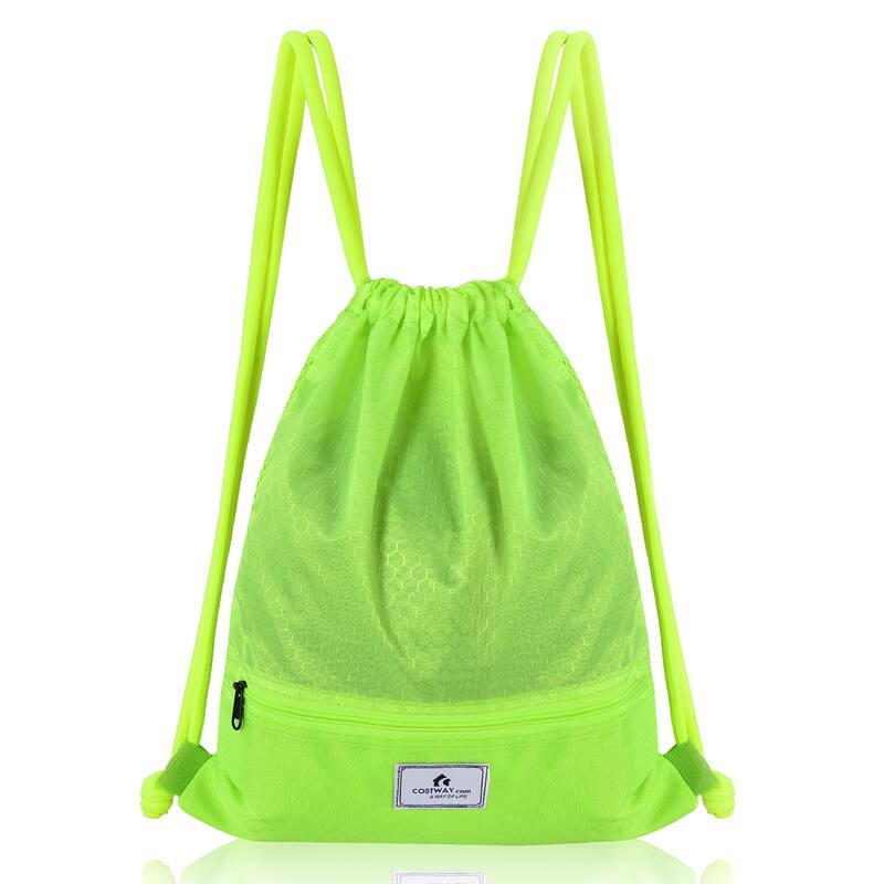 Costway Drawstring Backpack String Bag Folding Sports Sack w/Zipper - See details - Green