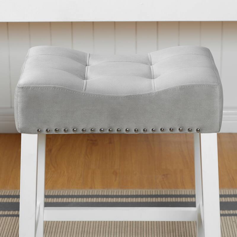 Roundhill Furniture Morovo Set of 2 Velvet Counter Height Stools with Tufted Saddle Seats, White-Wash Finish