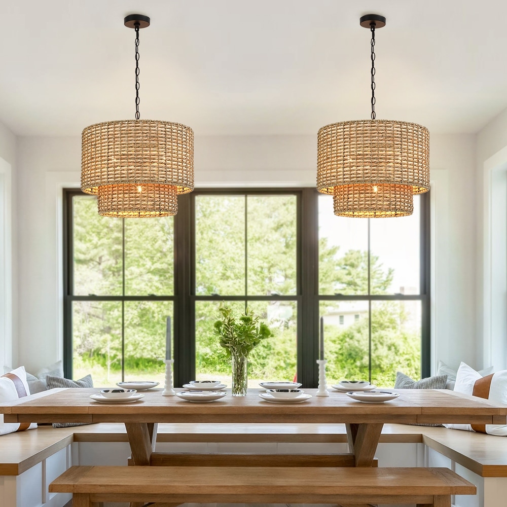 Lennie 20 in. 4-Light Rattan Tiered Drum Chandelier Light with