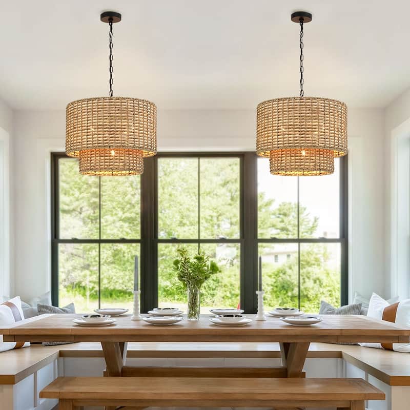 Lennie 20 in. 4-Light Rattan Tiered Drum Chandelier Light with Black Canopy - 20 in. W - 20 in. W