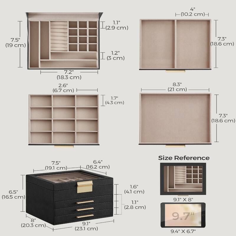 Modern Jewelry Organizer with Multiple Drawers Glass Top and Velvet Interior for Storage