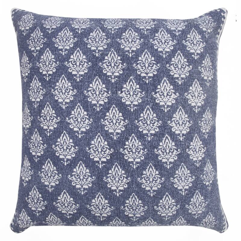 Handwoven Damask Cotton Throw Pillow Cover - 20" - Blue and White