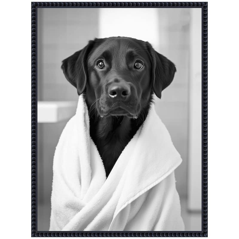 Kate and Laurel Sylvie Black Lab Bathroom Art Towel Robe Black and White Framed Canvas by The Creative Bunch Studio