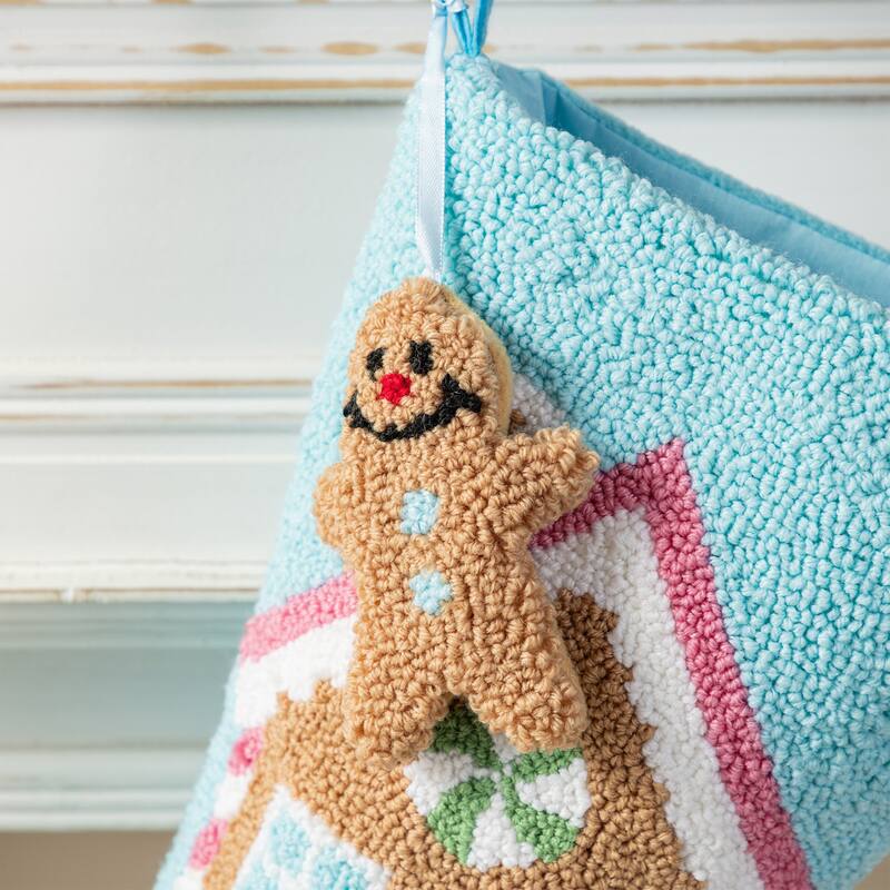 Glitzhome 21"L Hooked Yeti Gingerbread House Stocking with Gingerbread Man Ornament