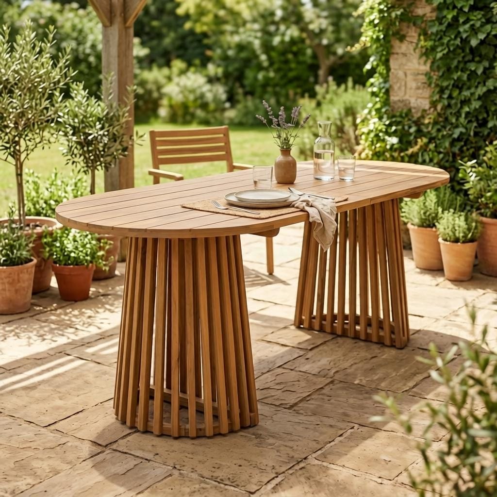 Christopher Knight Home - 83" Farmhouse Solid Acacia Wood Outdoor Oval Dining Table with Dual Slatted Pedestal Bases
