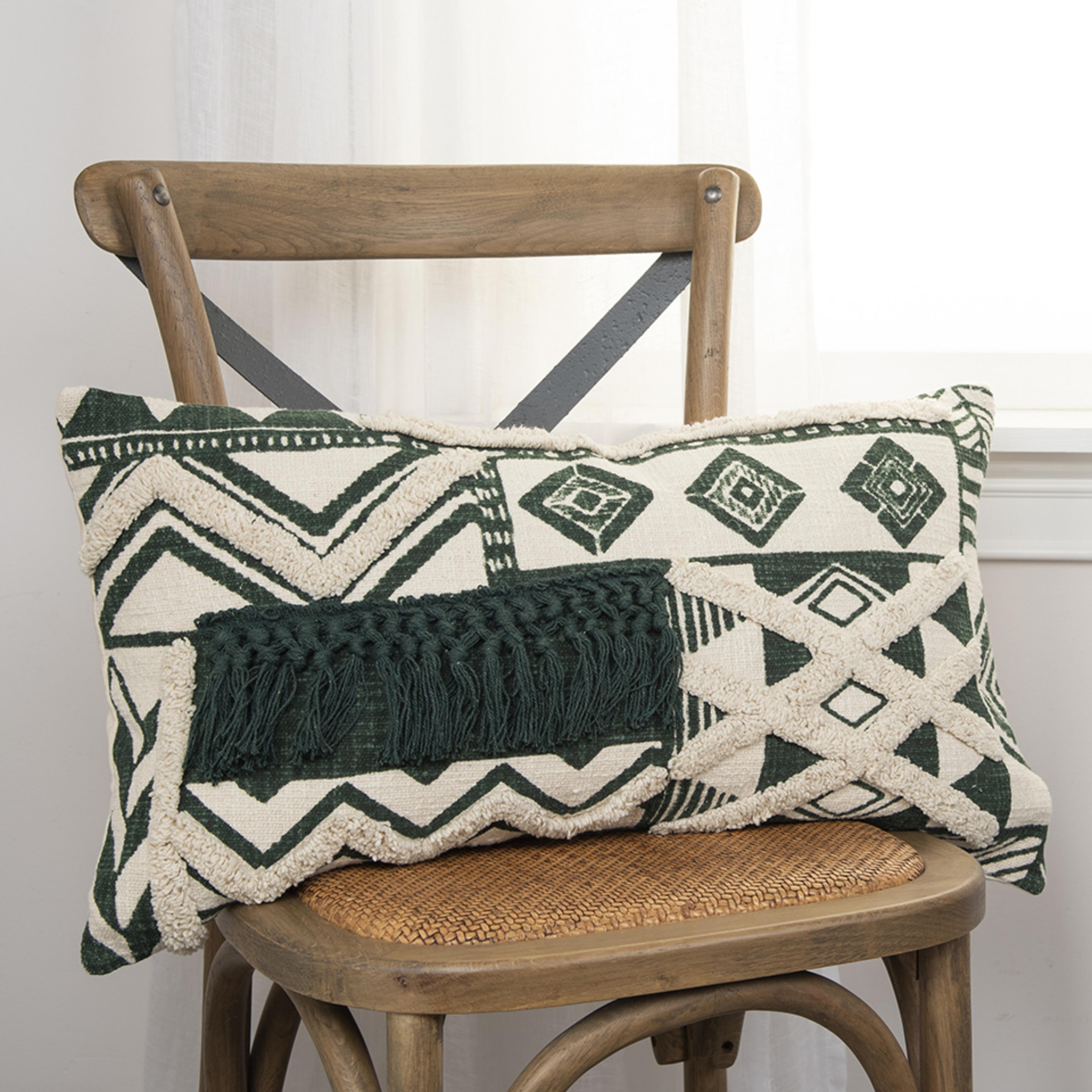 Ivory / Blue Geometric Textured Cotton Throw Pillow