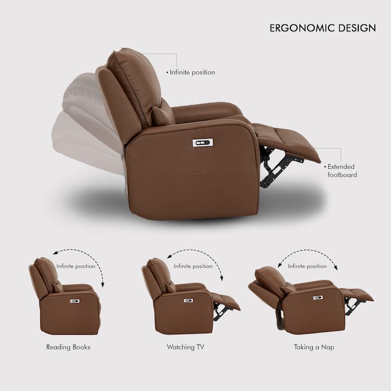 113" W Faux Leather Dual-Power Oversized Width Seat Sofa with Ajustable Headrest, USB & USB-C Charging