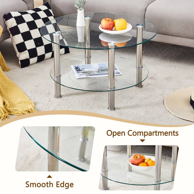 Contemporary Minimalist Double Layer Tempered Glass Coffee Table - 27.5" Top and 23.6" Bottom.Reinforced Glass Tabletop,