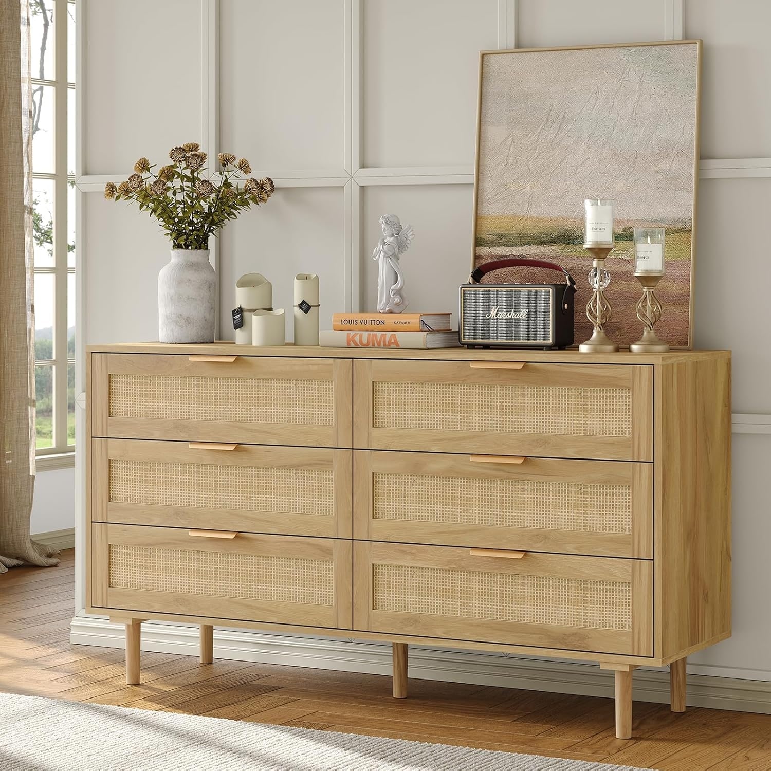 54'' Natural Rattan Dresser with 6 Drawers, Wide Wooden Chest for Bedroom, Living Room, or Hallway