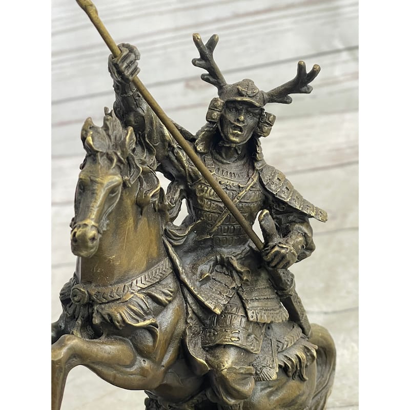 Japanese Samurai Warrior On Horseback W/ Battle Flag Bronze Sculpture Statue By Kamiko