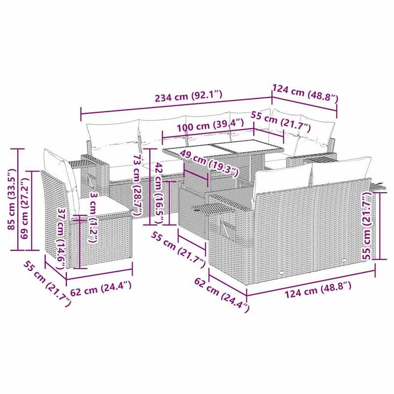 vidaXL Patio Sofa Set with Cushions Outdoor Furniture 9 Piece Poly Rattan - 21.7 x 39.4 x 28.7