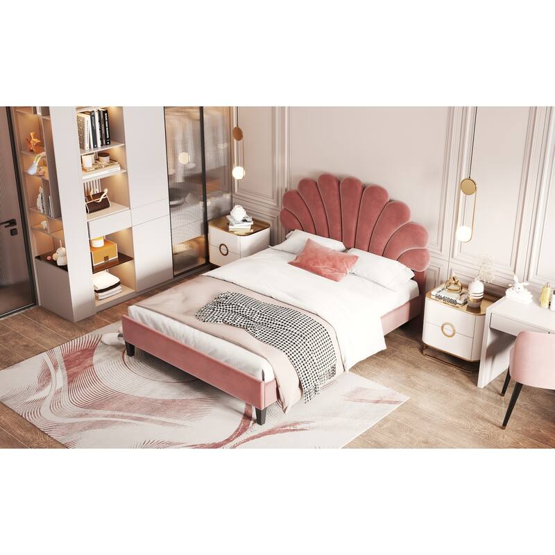 Red Full Platform Bed in Velvet with Floral Pattern Headboard and Sturdy Wood Frame