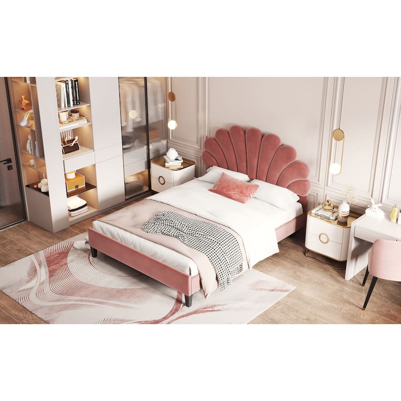 Velvet Platform Bed with Flower Headboard