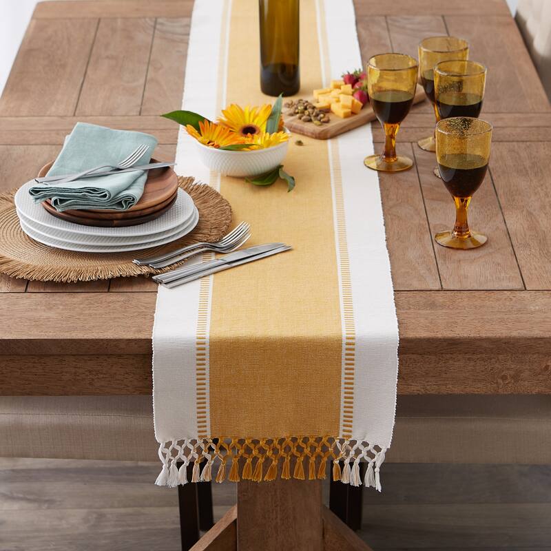DII Dobby Striped Fringe Ribbed Table Runner
