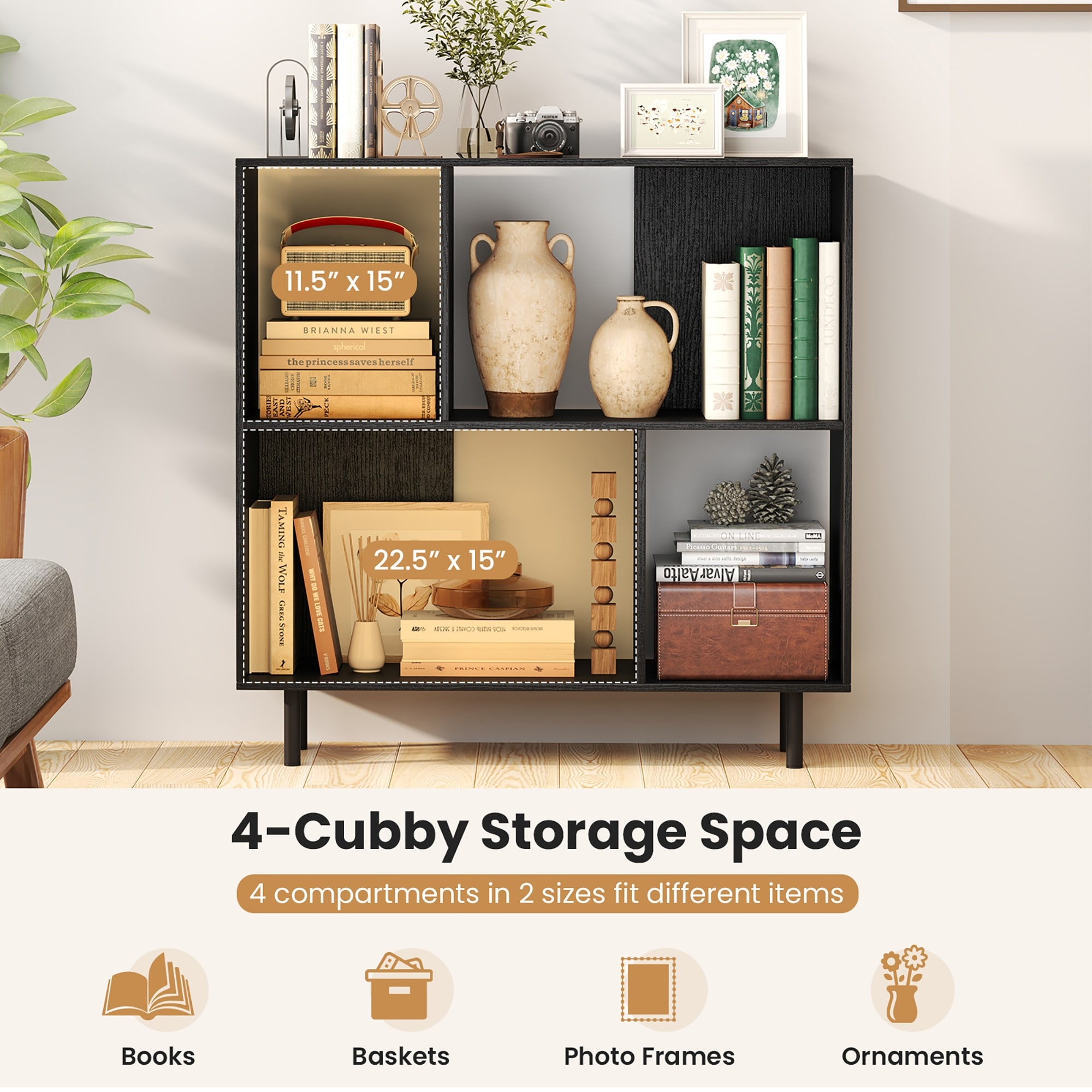 Gymax 2PCS 4 Cubby Open Bookcase 3-Tier Freestanding Bookshelf w