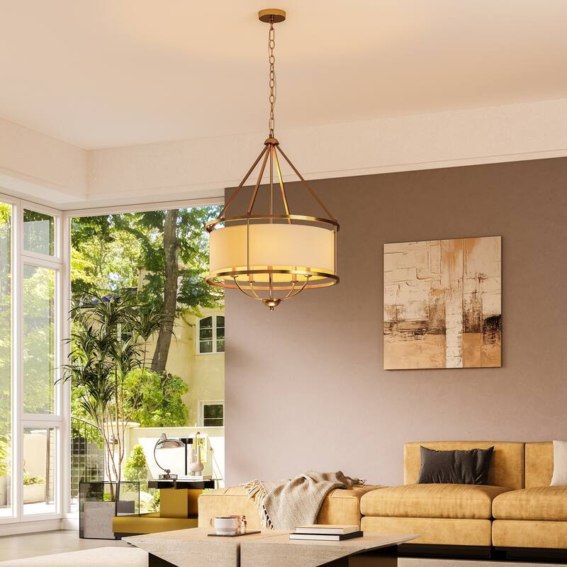 24-Inch Luxury Drum Pendant Light with Adjustable Chain, Fabric Chandelier