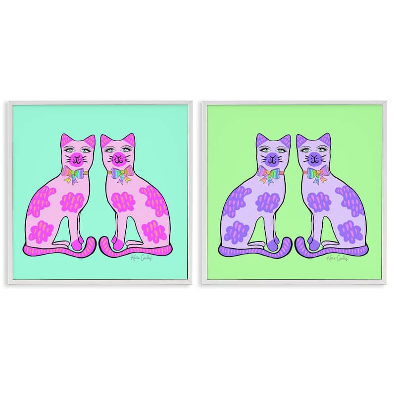 Stupell Bright Purple Cat Pairs Framed Giclee Art Design By Katie Conley (Set of 2) - 12 x 12 - White