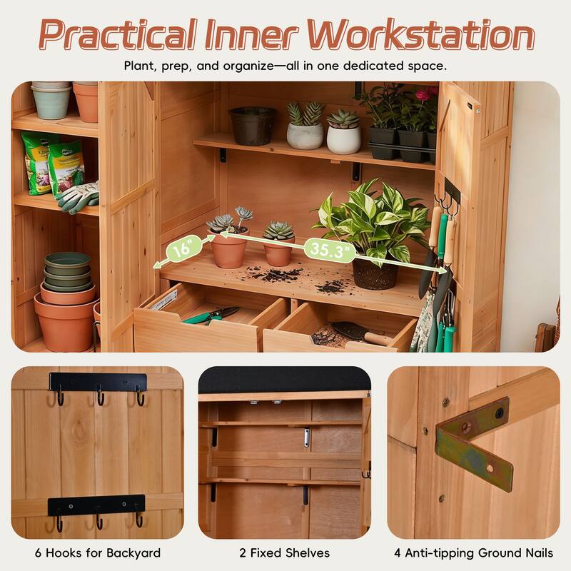 72" Large Patio Garden Shed with Waterproof Roof, Outdoor Storage Cabinet with Workstation & Hooks