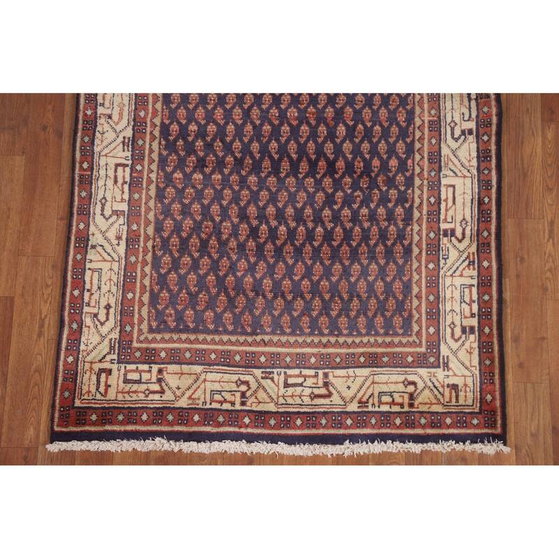 Hand Knotted Oriental 100% Wool Carpet Traditional All-Over Navy Blue & Blues Botemir Runner Rug - 10' 1'' X 3' 4''