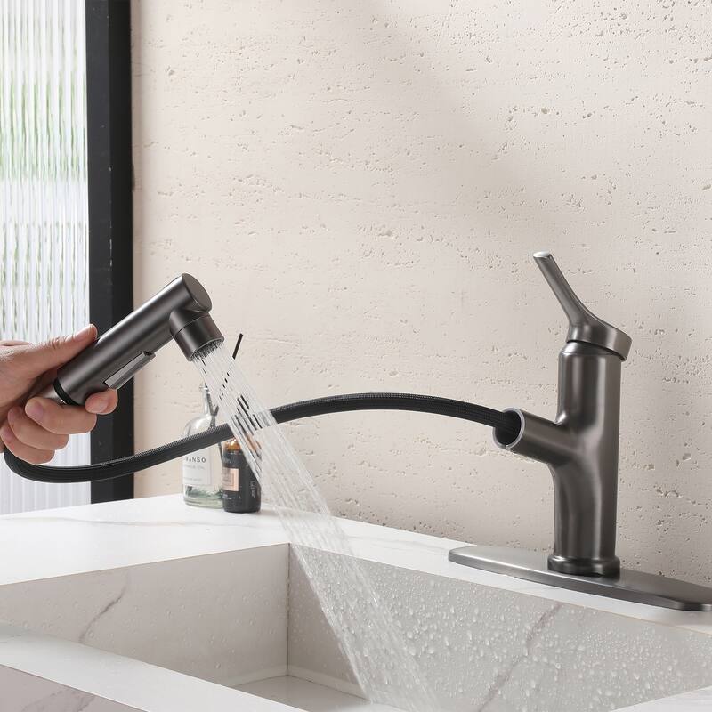 7.8" H Single-Handle Bathroom Sink Faucets with Pull Out Sprayer, Single Hole Vessel Faucet With Deck Plate