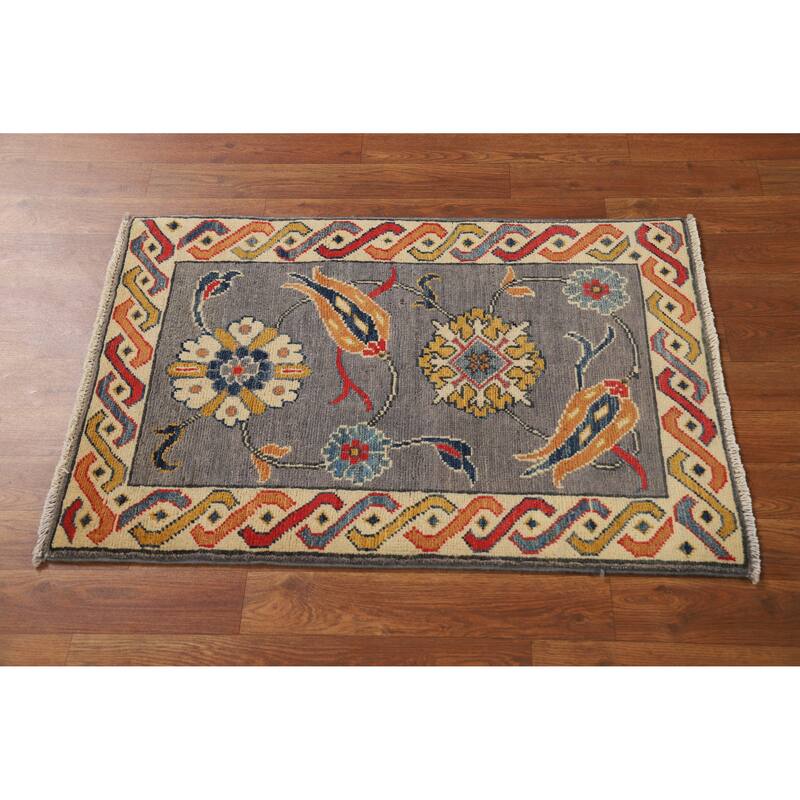 Gray Floral Kazak Oriental Foyer Rug Hand-Knotted Wool Carpet - 2'0"x 3'0"