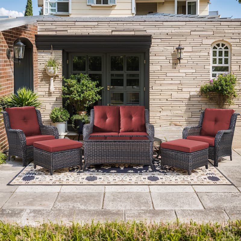 Pocassy 6 Pieces Outdoor 2-Seat Sofa Chairs Table Ottoman - Brown Wicker - Red cushion
