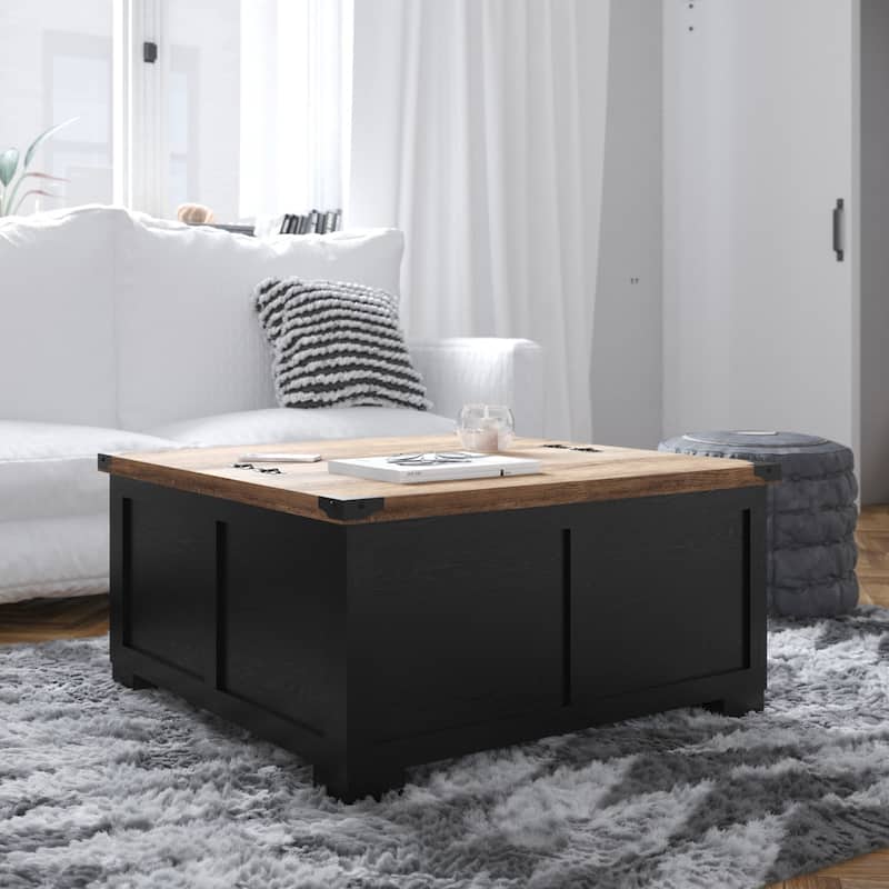Farmhouse Coffee Table with Hinged Lift Top and Storage - Black/Rustic Oak