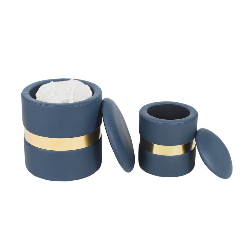 Adeco Set of 2 Velvet Storage Ottoman Round Foot Stool Metal Band