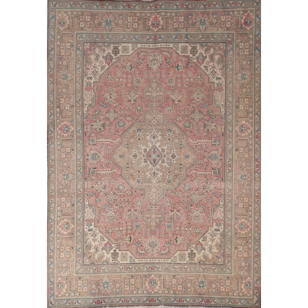 Pink Tabriz Persian Vintage Rug Hand-Knotted Traditional Wool Carpet - 6'9"x 9'8"
