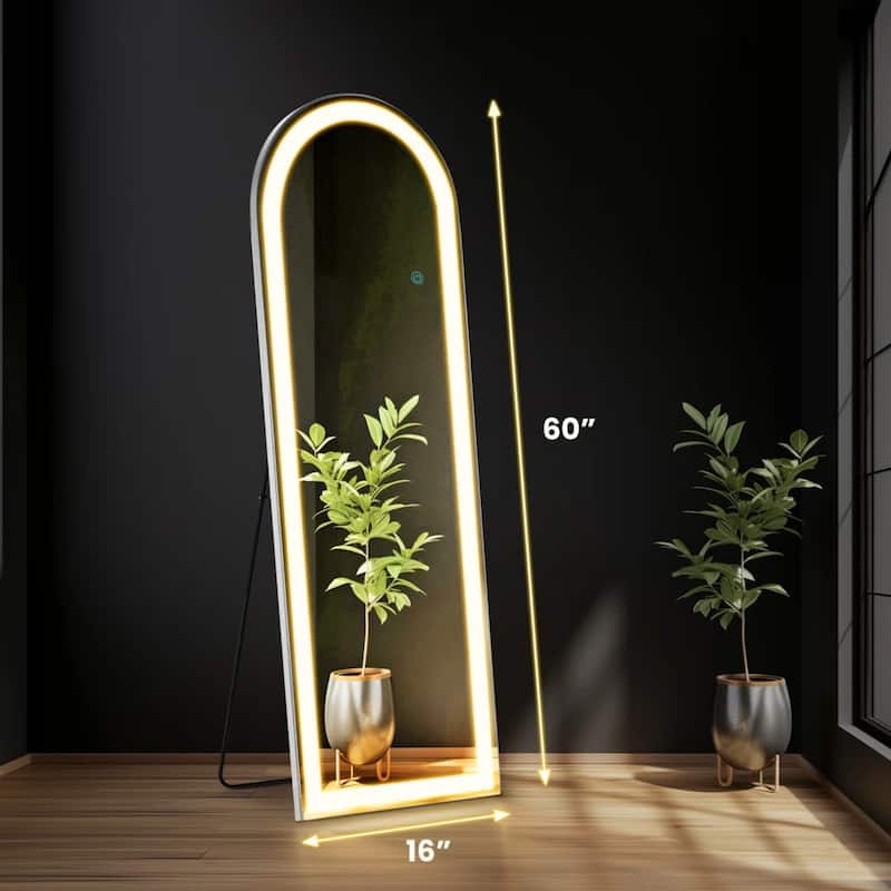 Arched Full Length Mirror with LED Lights, 26"x71" Lighted Floor Mirror with Dimming & 3 Color Lighting, Stand
