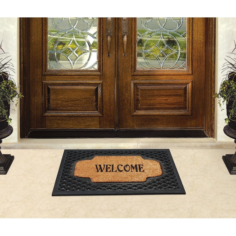 A1HC Welcome Mesh Border Rubber and Coir Large Heavy-Duty Outdoor Doormat, Black - 23"X38"