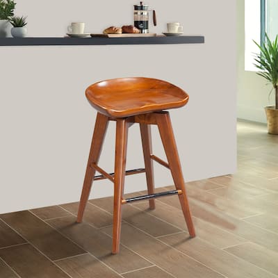 Contoured Seat Wooden Swivel Counter Stool with Angled Legs, Walnut Brown